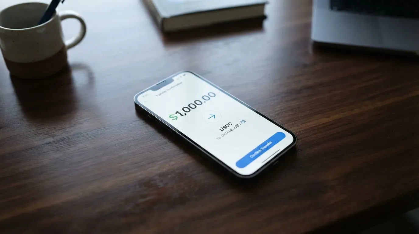 A phone showing a stablecoin transfer screen