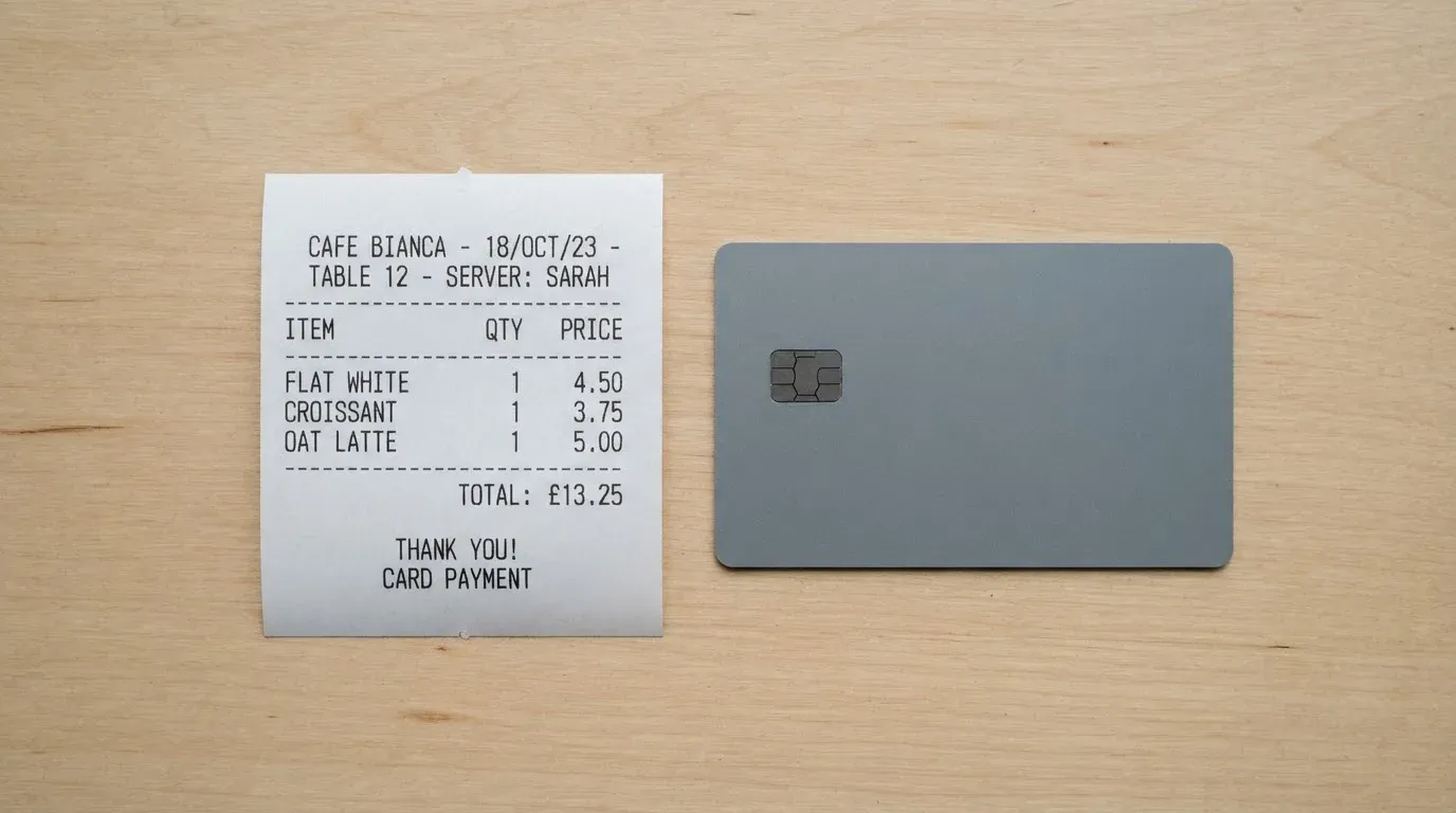 A receipt and a card on a café table