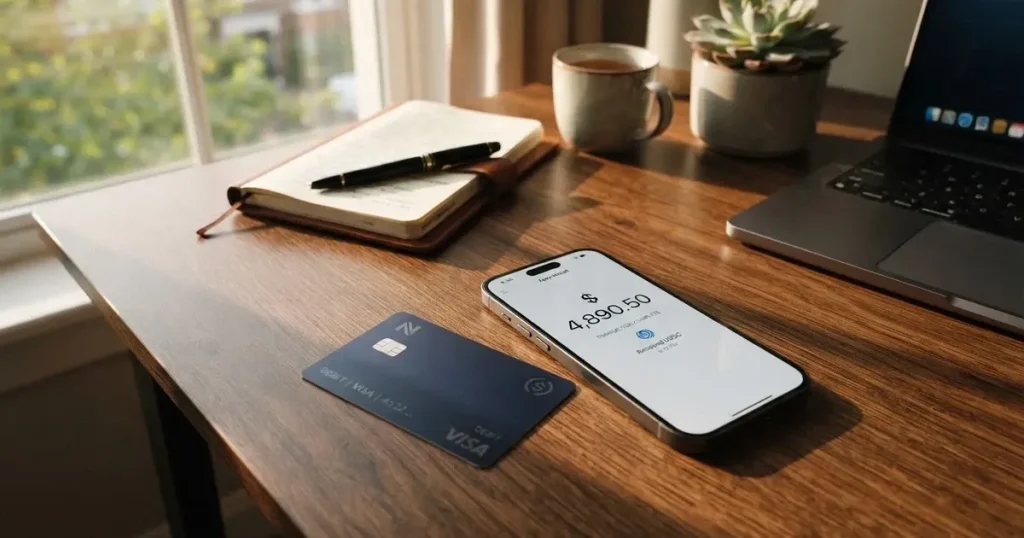 A payment card next to a phone with a crypto wallet app open