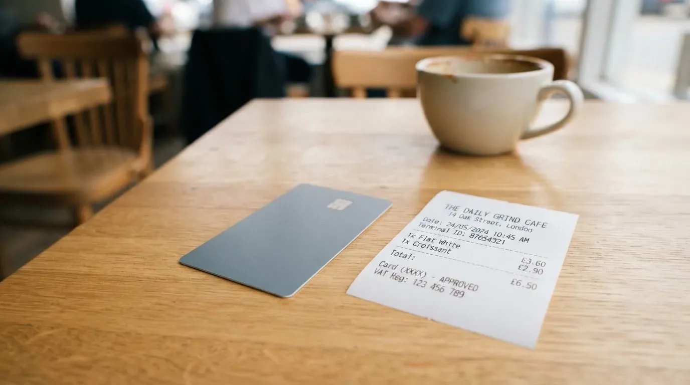A receipt and a card on a café table