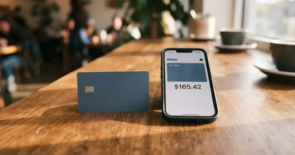 A payment card next to a phone with a crypto wallet app open