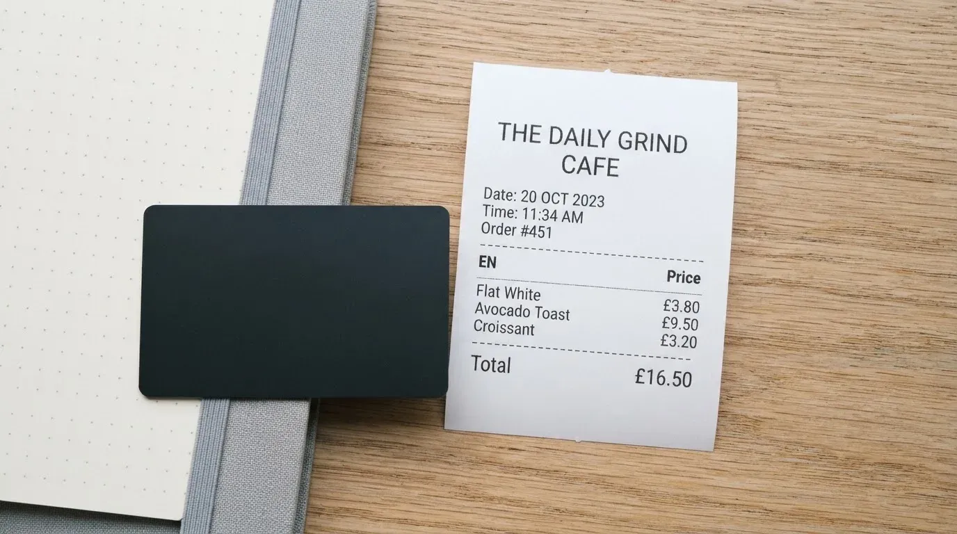 A receipt and a card on a café table