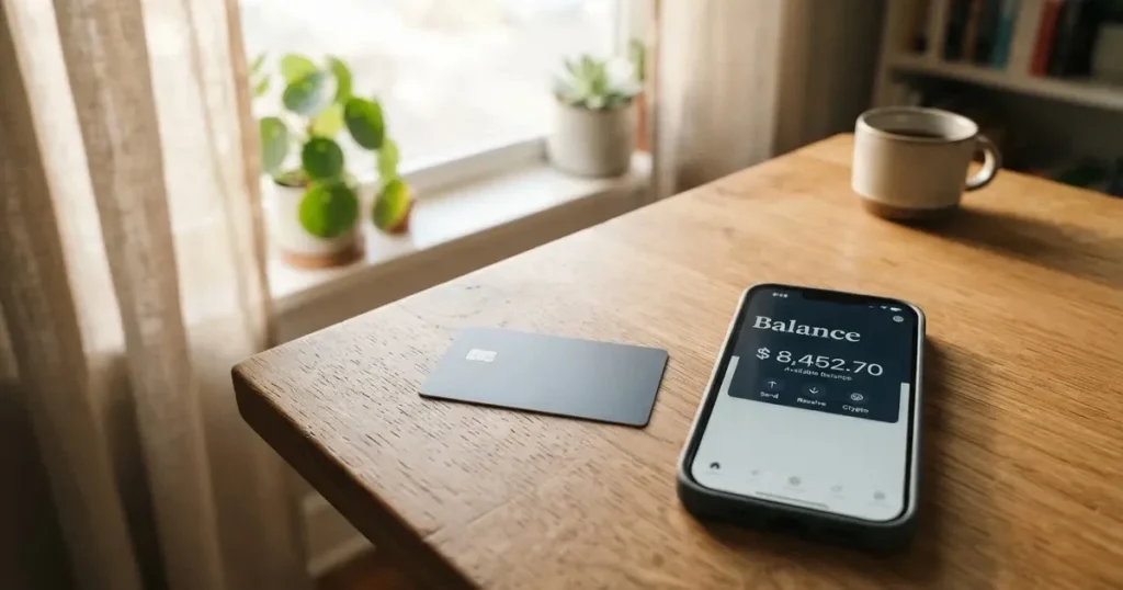 A payment card next to a phone with a crypto wallet app open