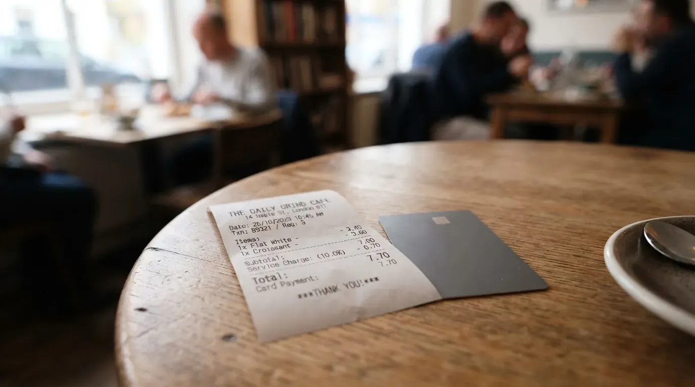 A receipt and a card on a café table