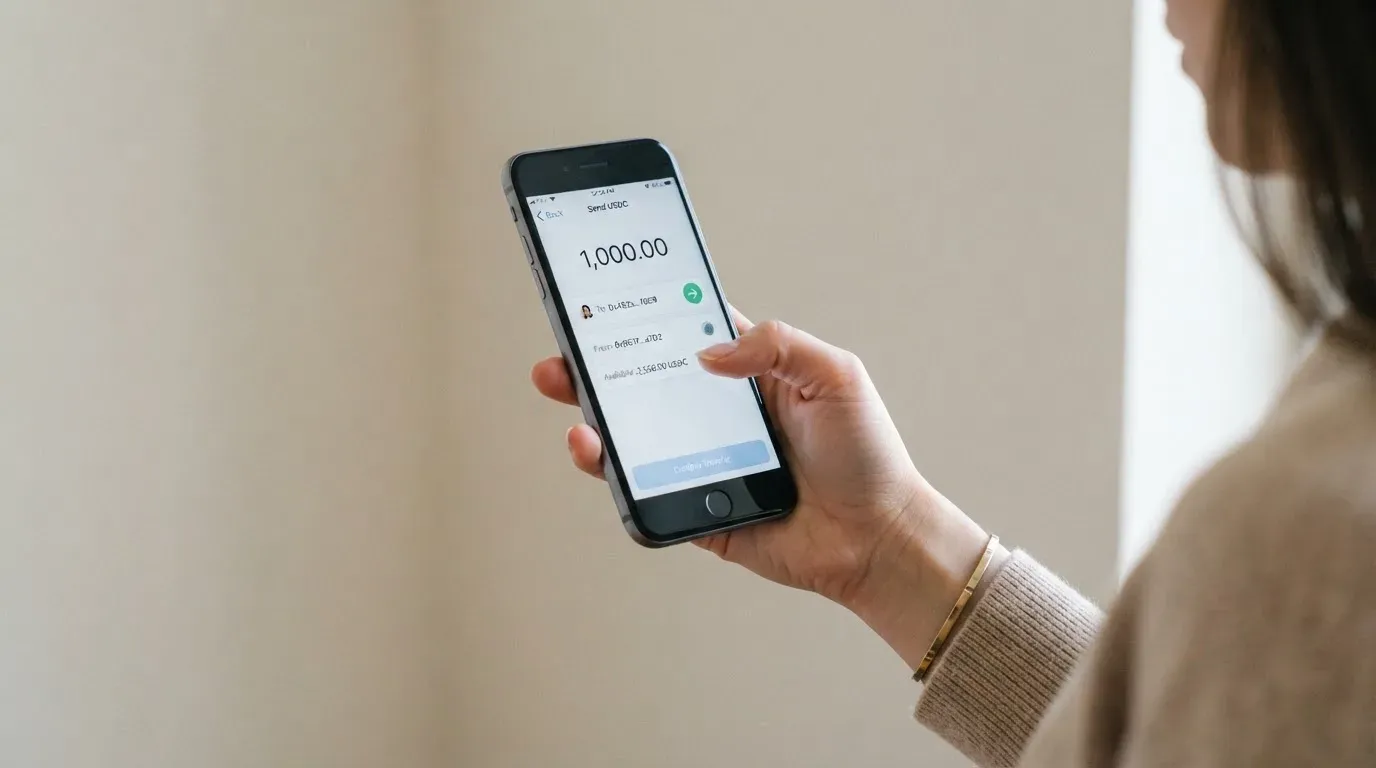 A phone showing a stablecoin transfer screen
