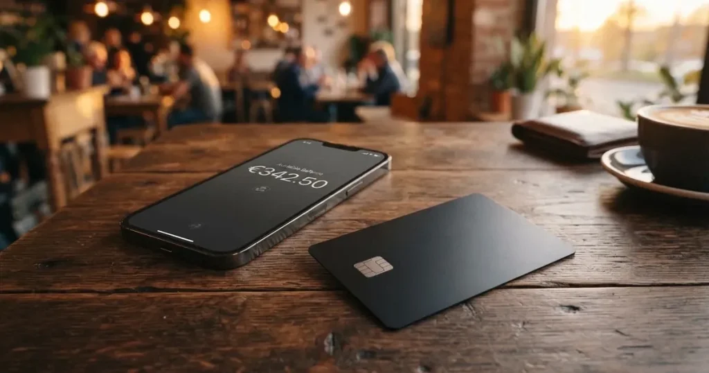 A payment card next to a phone with a crypto wallet app open