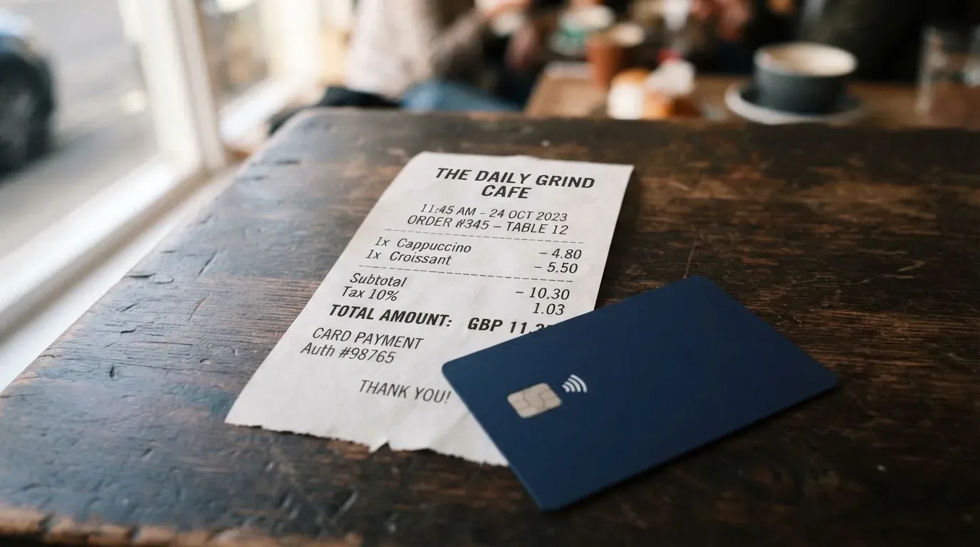 A receipt and a card on a café table