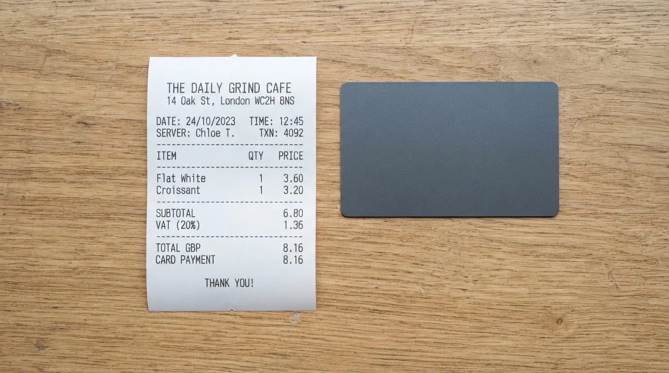 A receipt and a card on a café table