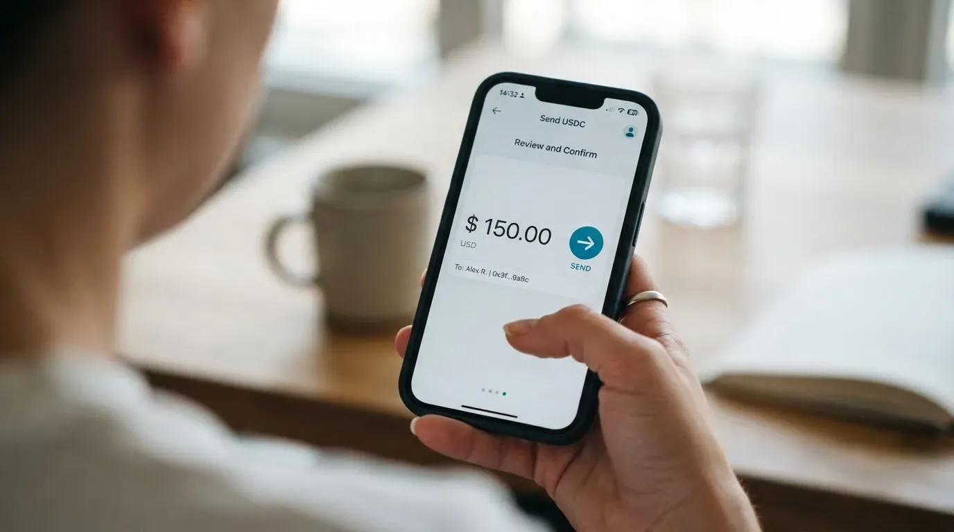 A phone showing a stablecoin transfer screen