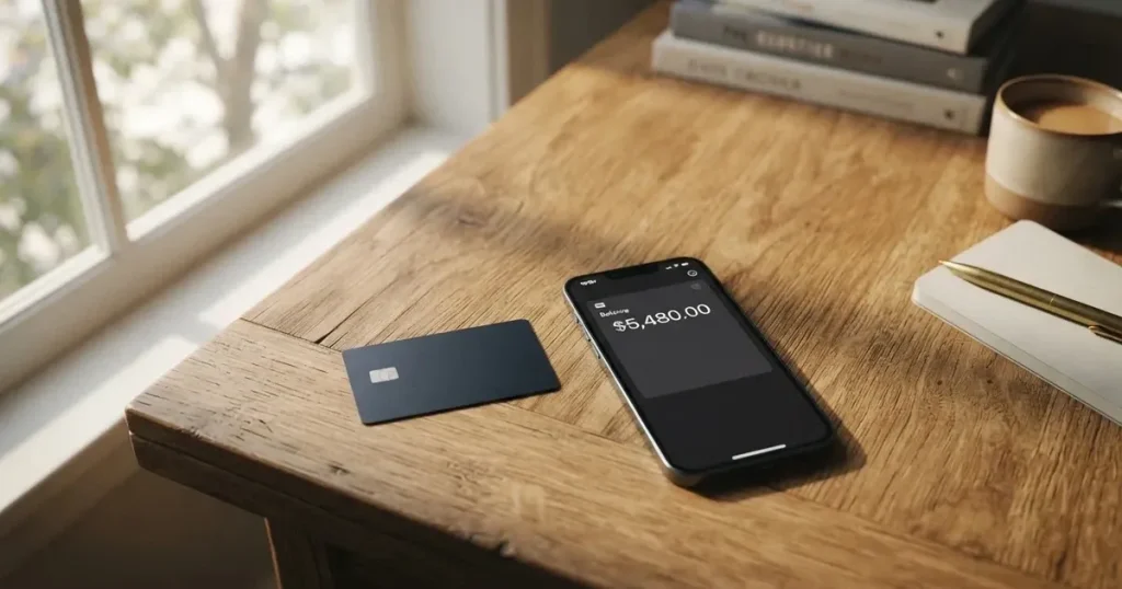A payment card next to a phone with a crypto wallet app open