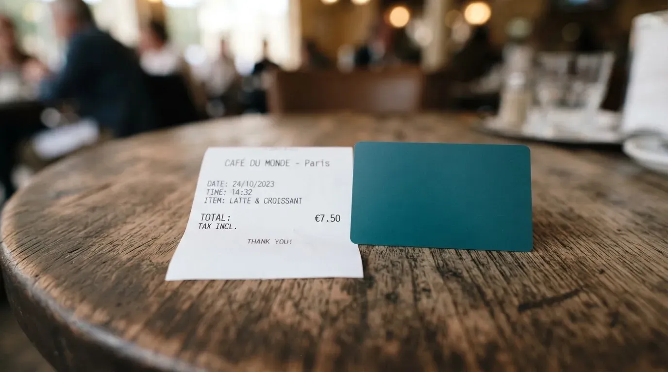A receipt and a card on a café table