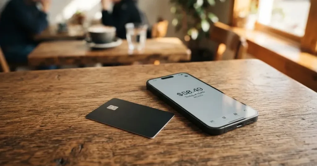 A payment card next to a phone with a crypto wallet app open