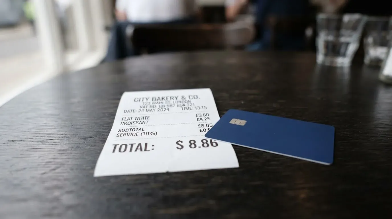 A receipt and a card on a café table