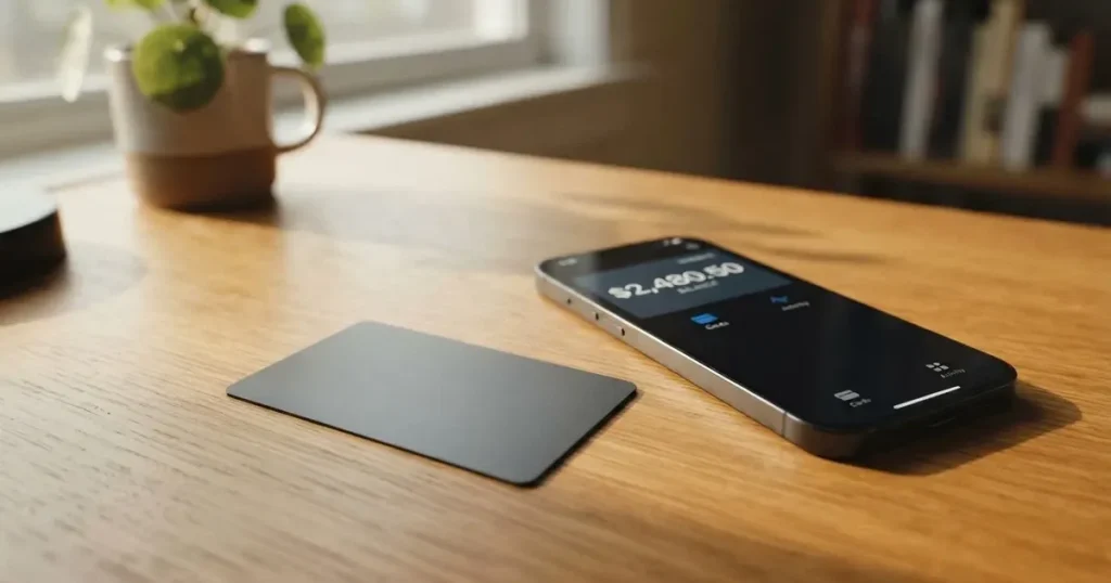 A payment card next to a phone with a crypto wallet app open