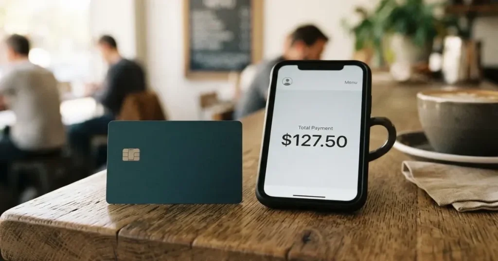 A payment card next to a phone with a crypto wallet app open