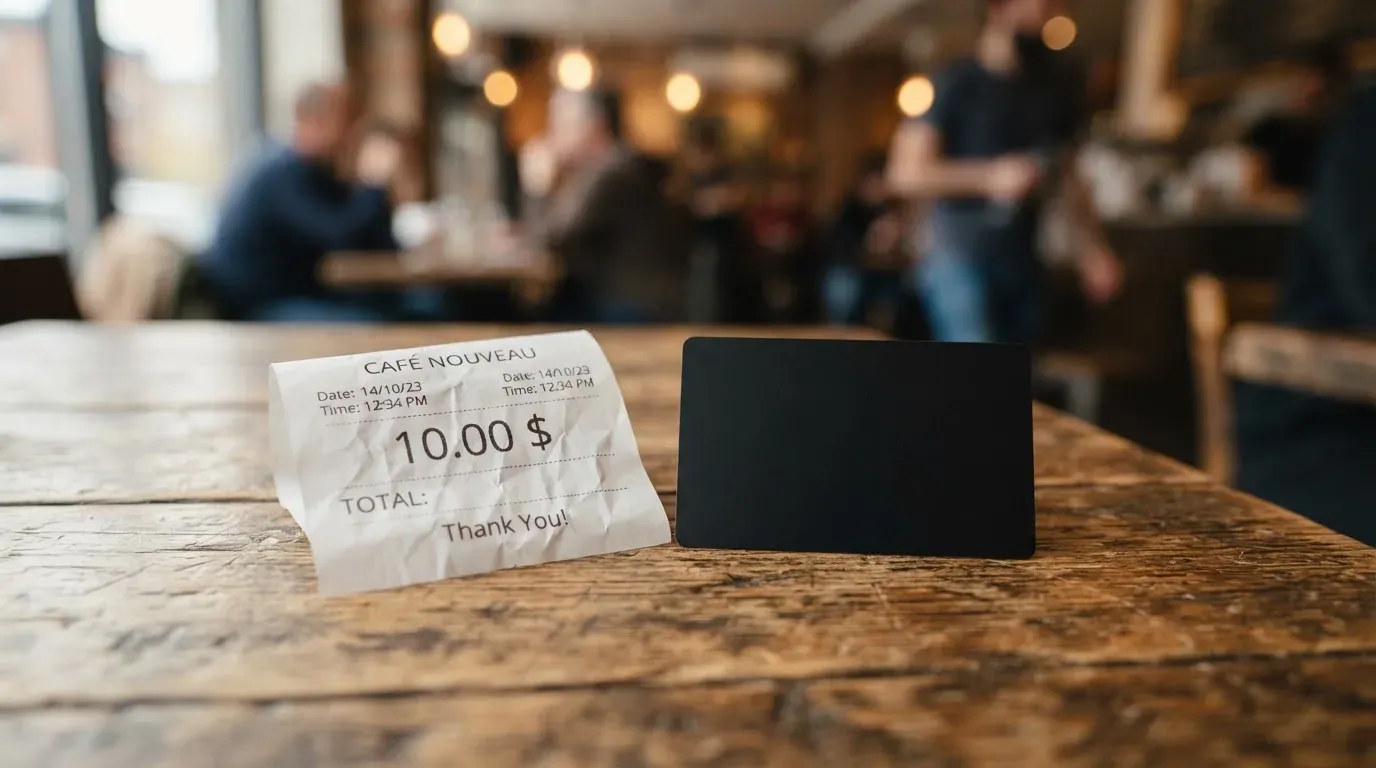 A receipt and a card on a café table