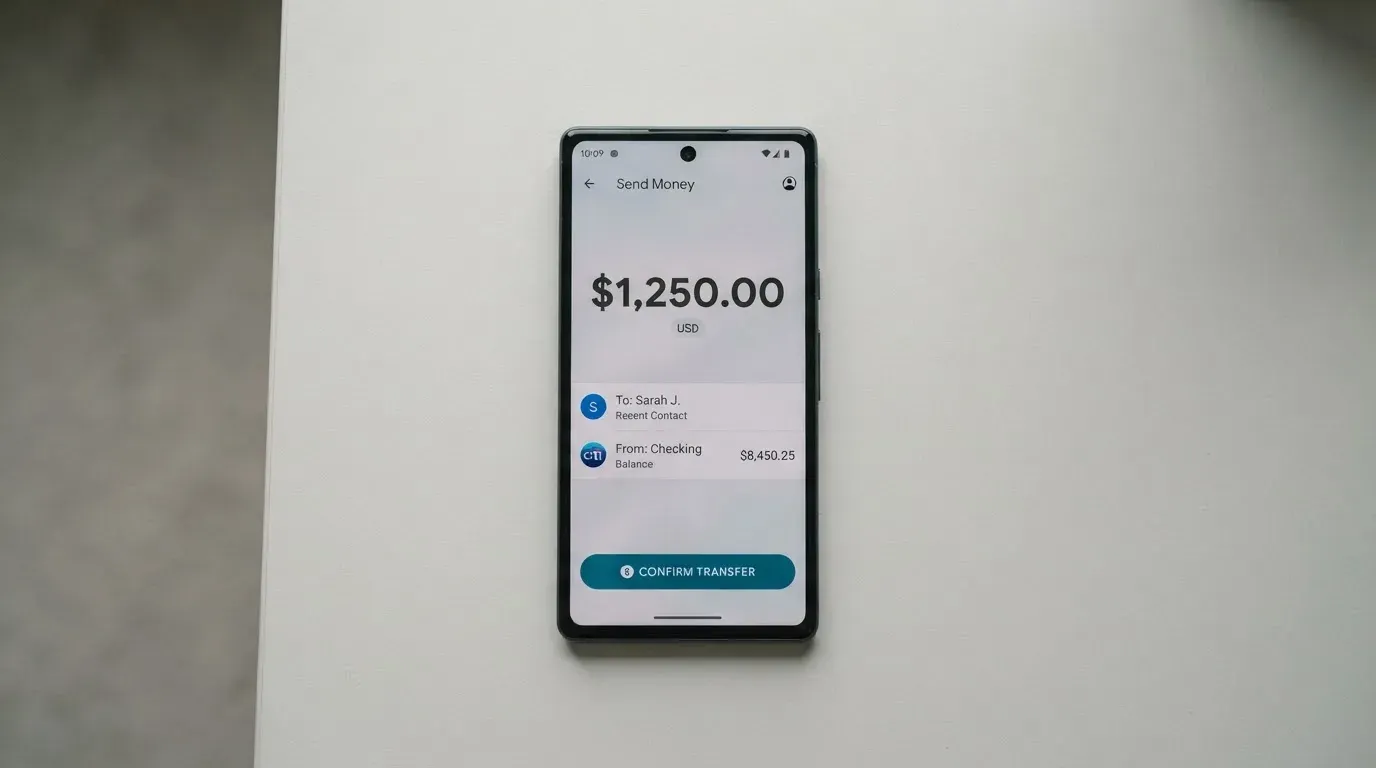 A phone showing a stablecoin transfer screen