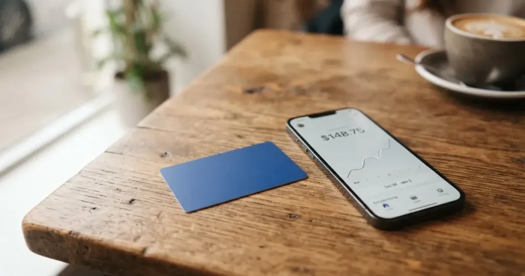 A payment card next to a phone with a crypto wallet app open