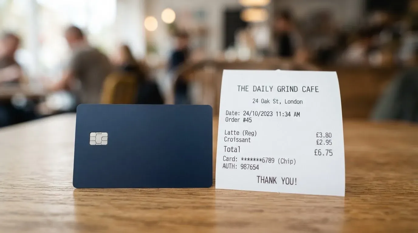A receipt and a card on a café table