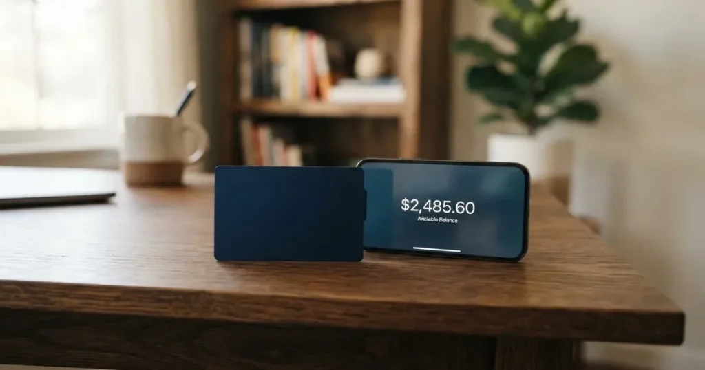A payment card next to a phone with a crypto wallet app open