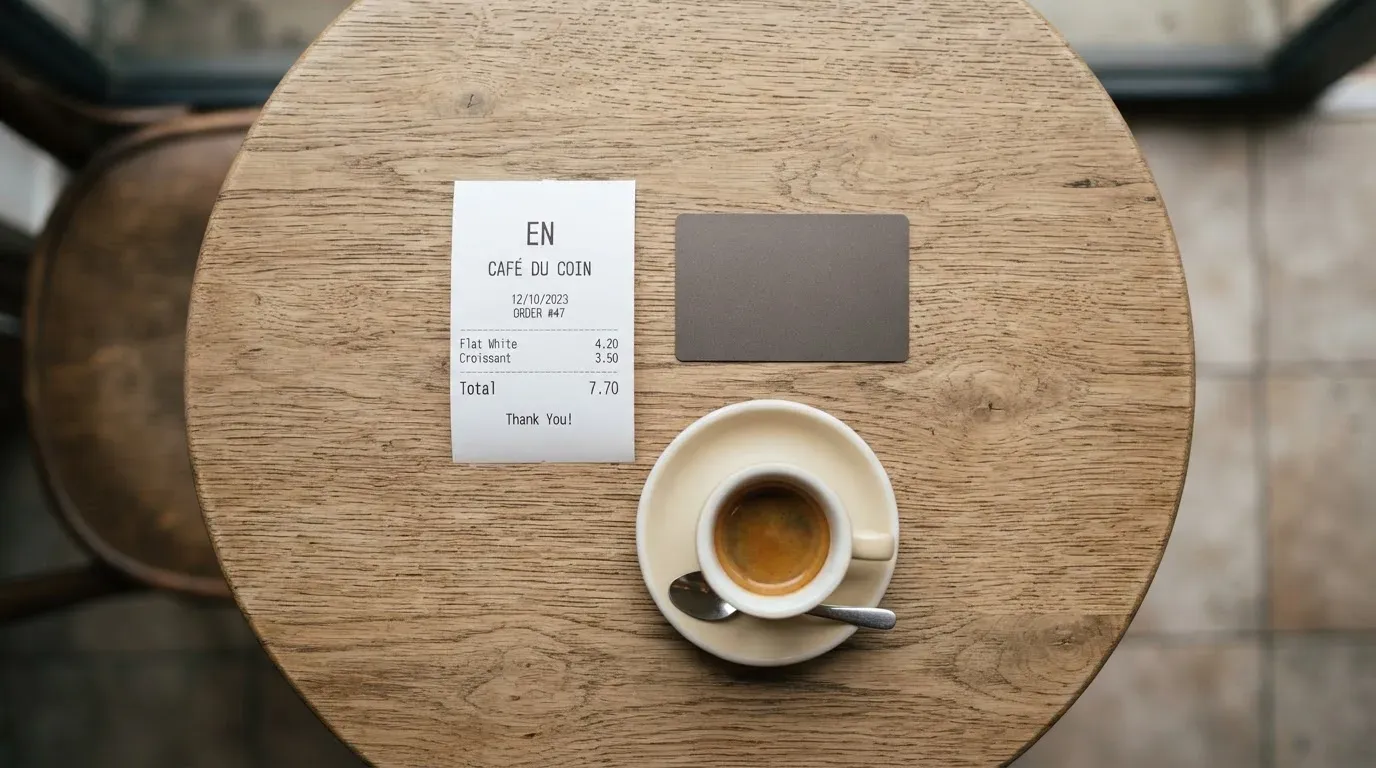 A receipt and a card on a café table