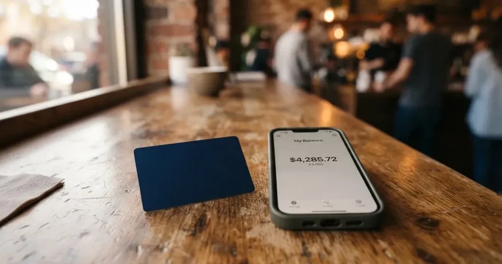 A payment card next to a phone with a crypto wallet app open
