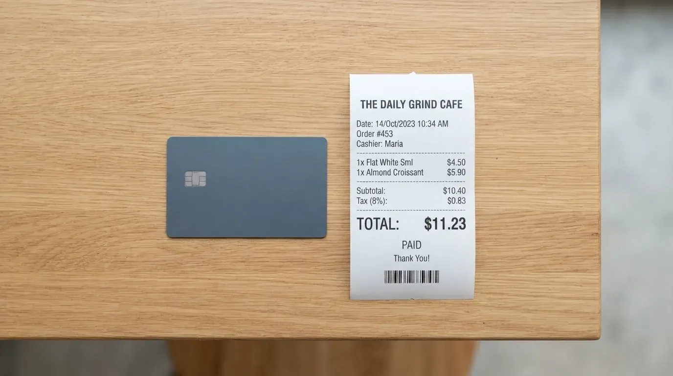 A receipt and a card on a café table