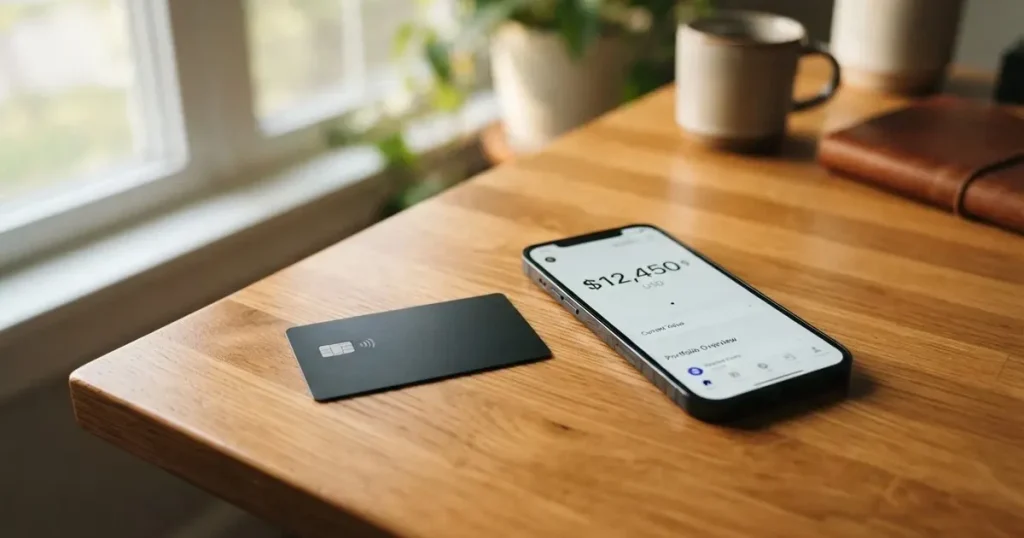 A payment card next to a phone with a crypto wallet app open