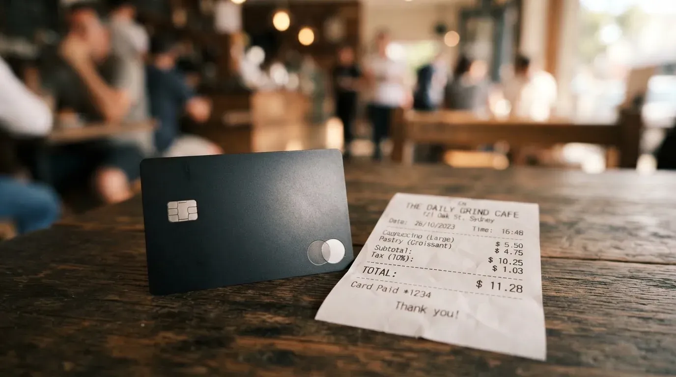 A receipt and a card on a café table