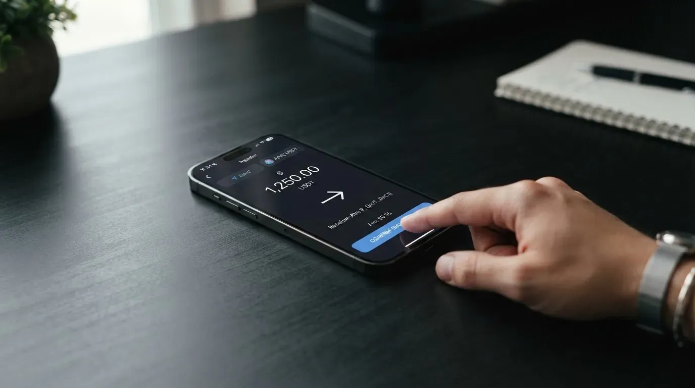 A phone showing a stablecoin transfer screen
