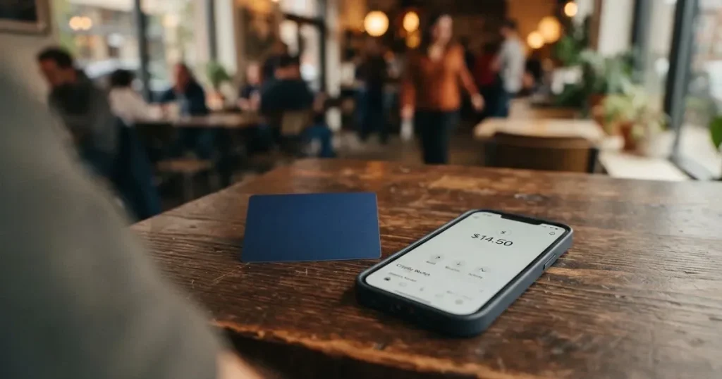 A payment card next to a phone with a crypto wallet app open