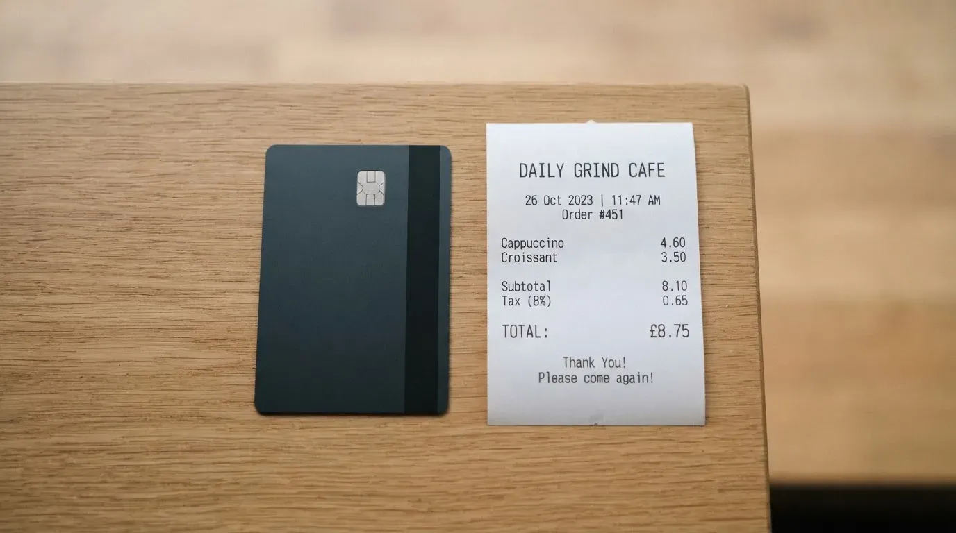 A receipt and a card on a café table