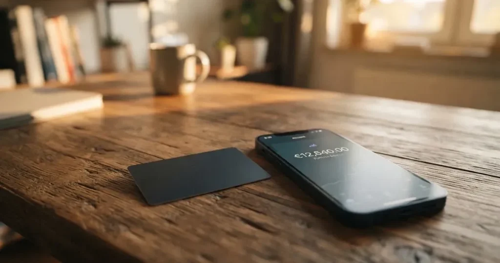 A payment card next to a phone with a crypto wallet app open