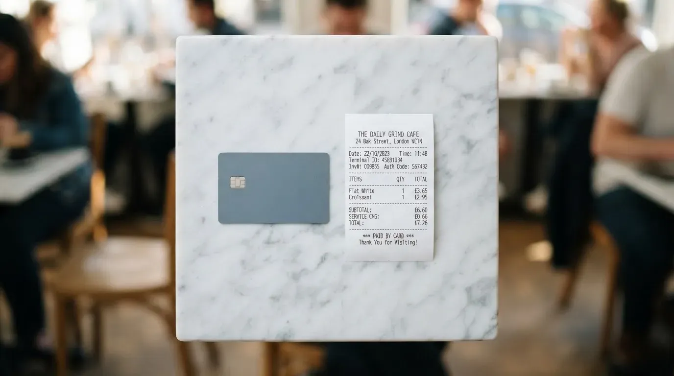 A receipt and a card on a café table