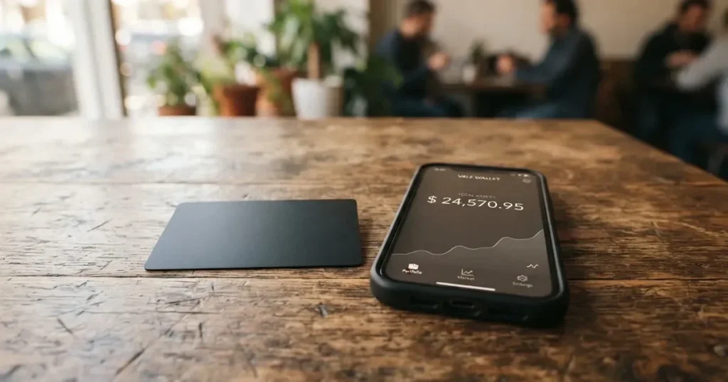 A payment card next to a phone with a crypto wallet app open
