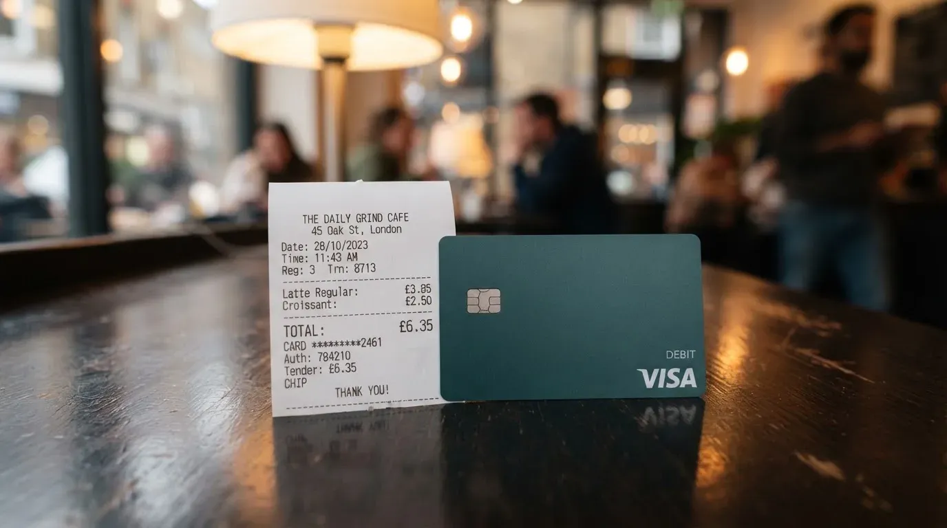 A receipt and a card on a café table
