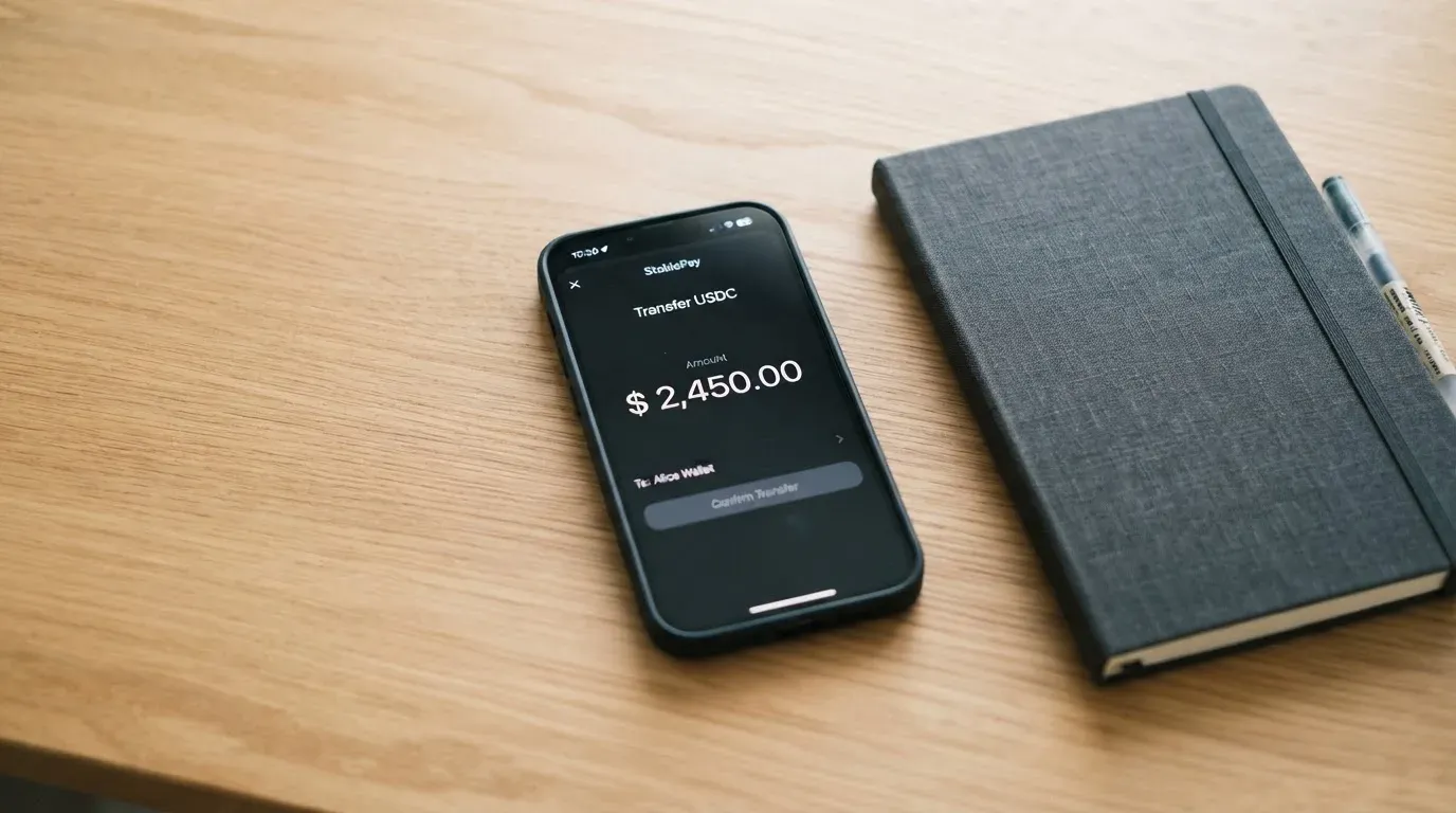 A phone showing a stablecoin transfer screen