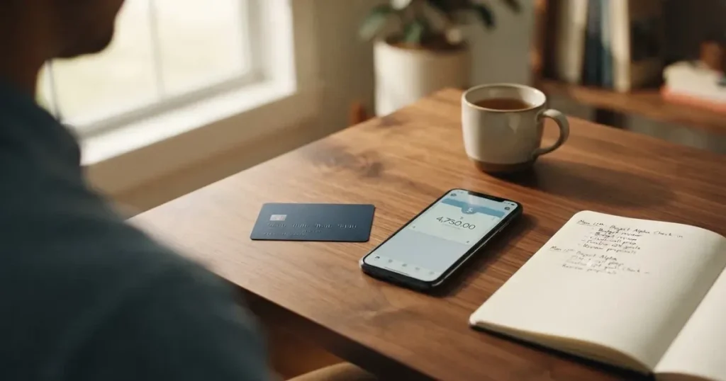 A payment card next to a phone with a crypto wallet app open