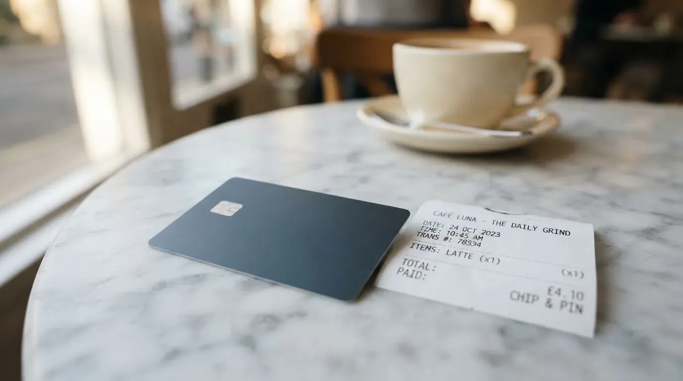 A receipt and a card on a café table