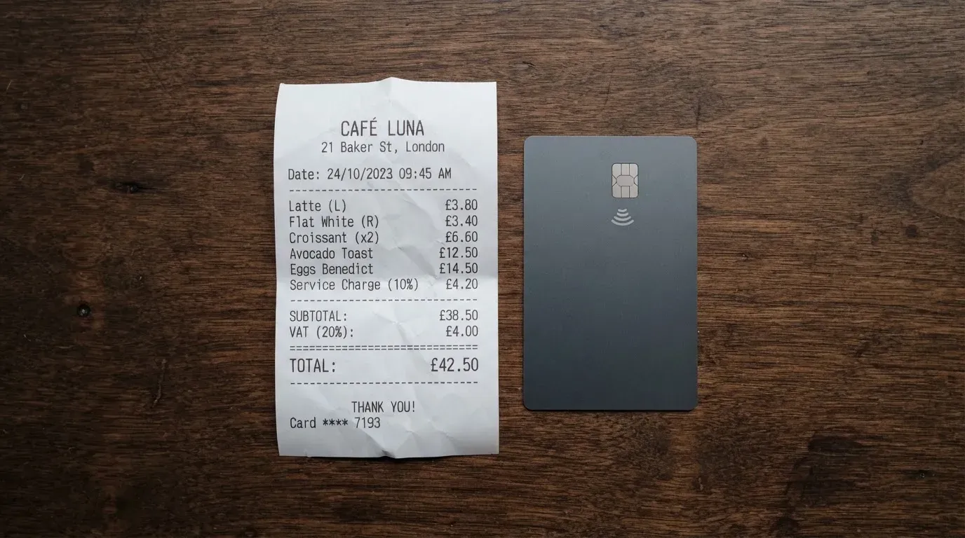 A receipt and a card on a café table