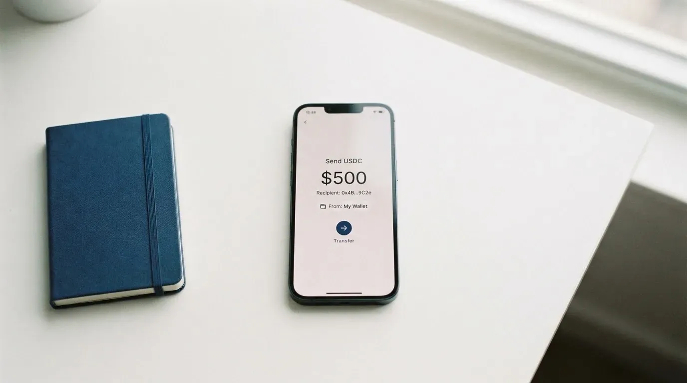 A phone showing a stablecoin transfer screen