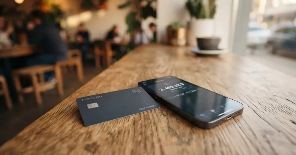 A payment card next to a phone with a crypto wallet app open