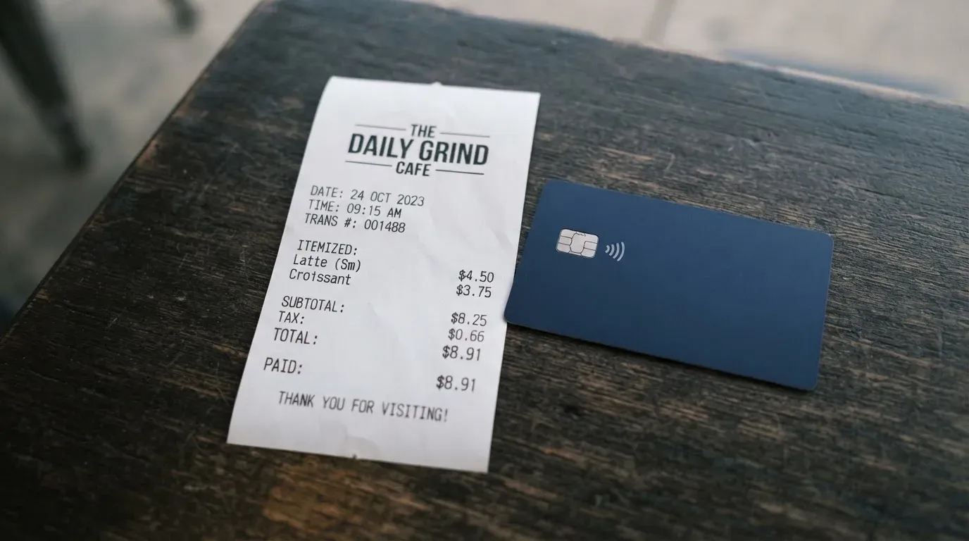 A receipt and a card on a café table