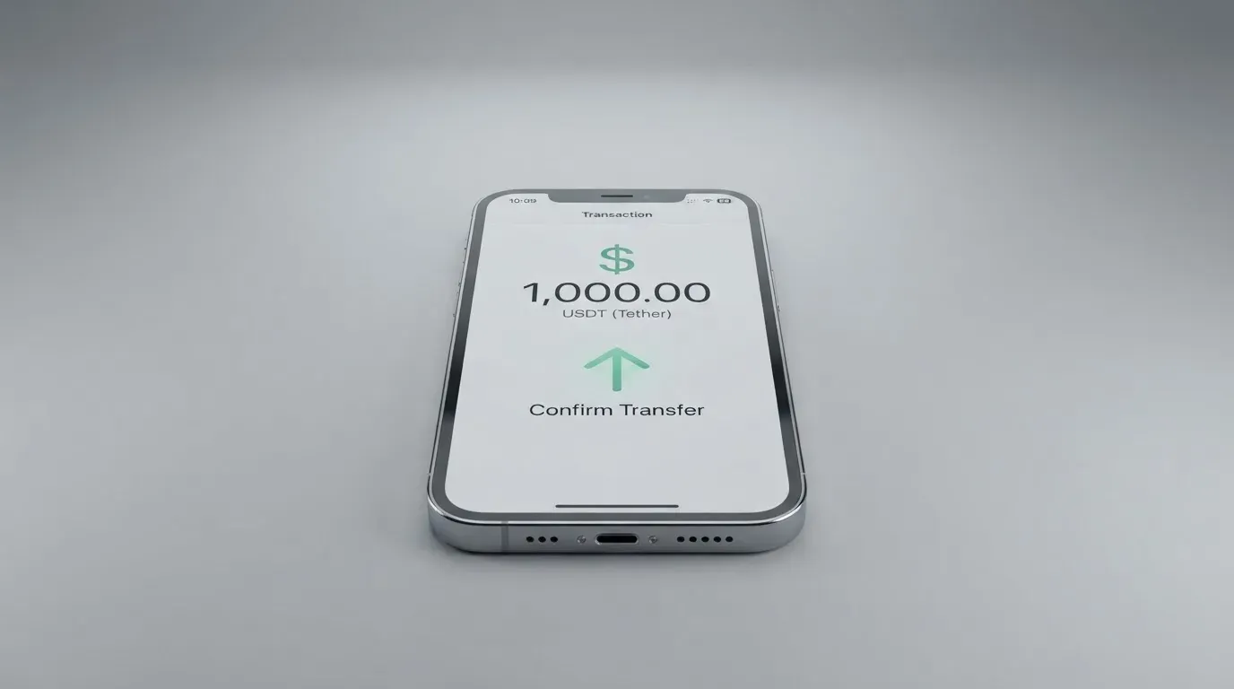 A phone showing a stablecoin transfer screen