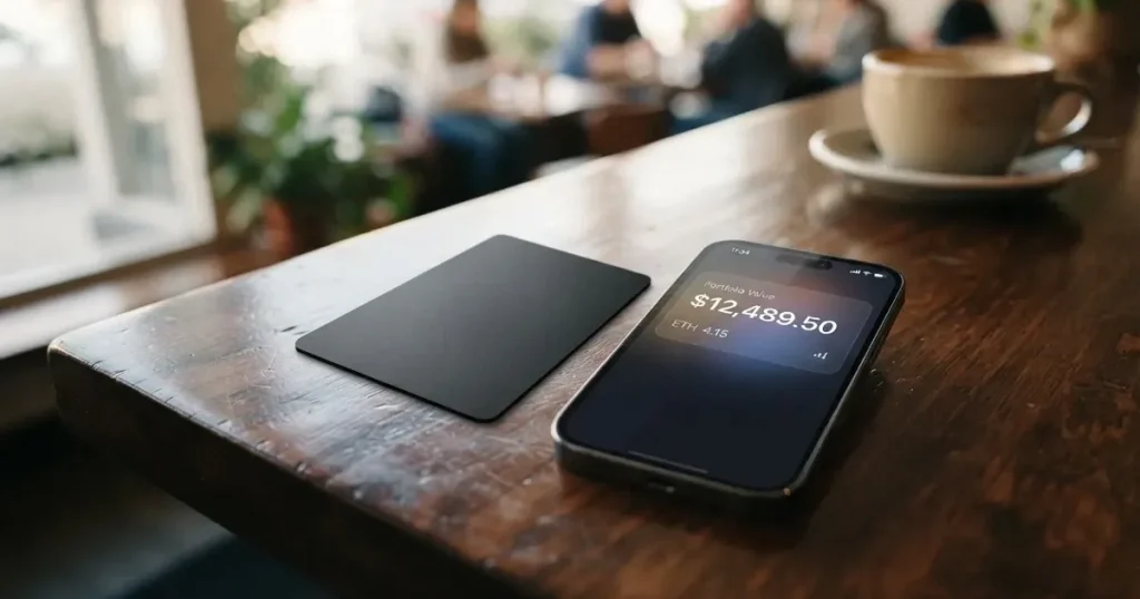 A payment card next to a phone with a crypto wallet app open