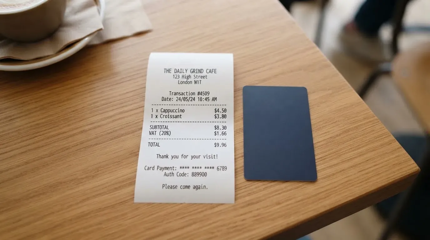 A receipt and a card on a café table
