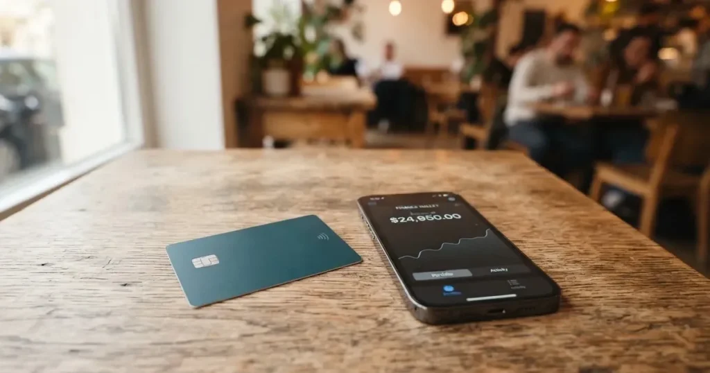 A payment card next to a phone with a crypto wallet app open