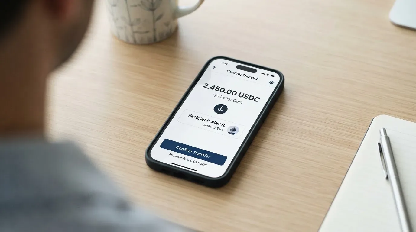 A phone showing a stablecoin transfer screen