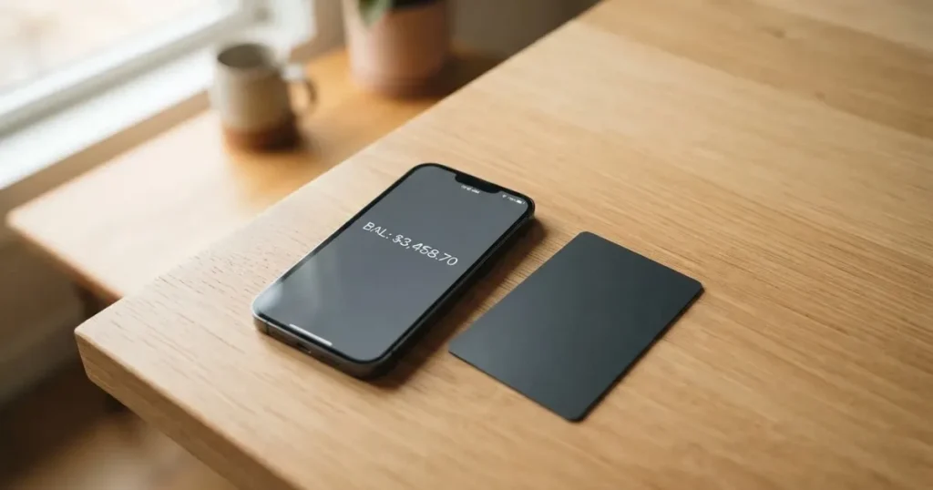 A payment card next to a phone with a crypto wallet app open