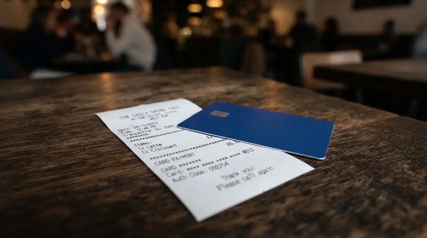 A receipt and a card on a café table
